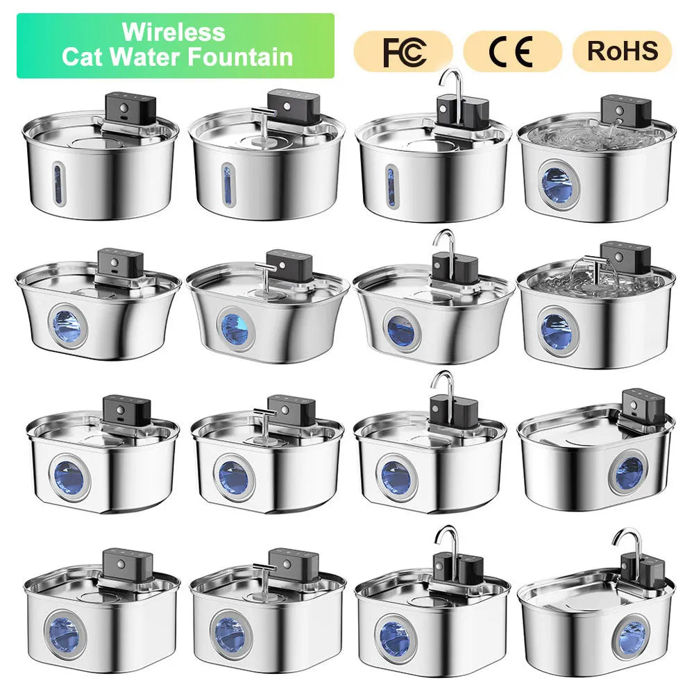 108oz/3.2L Wireless Cat Water Fountain Stainless Steel OEM 4000mah Battery Operated Automatic Pet Water Dispenser 2 1 Portable