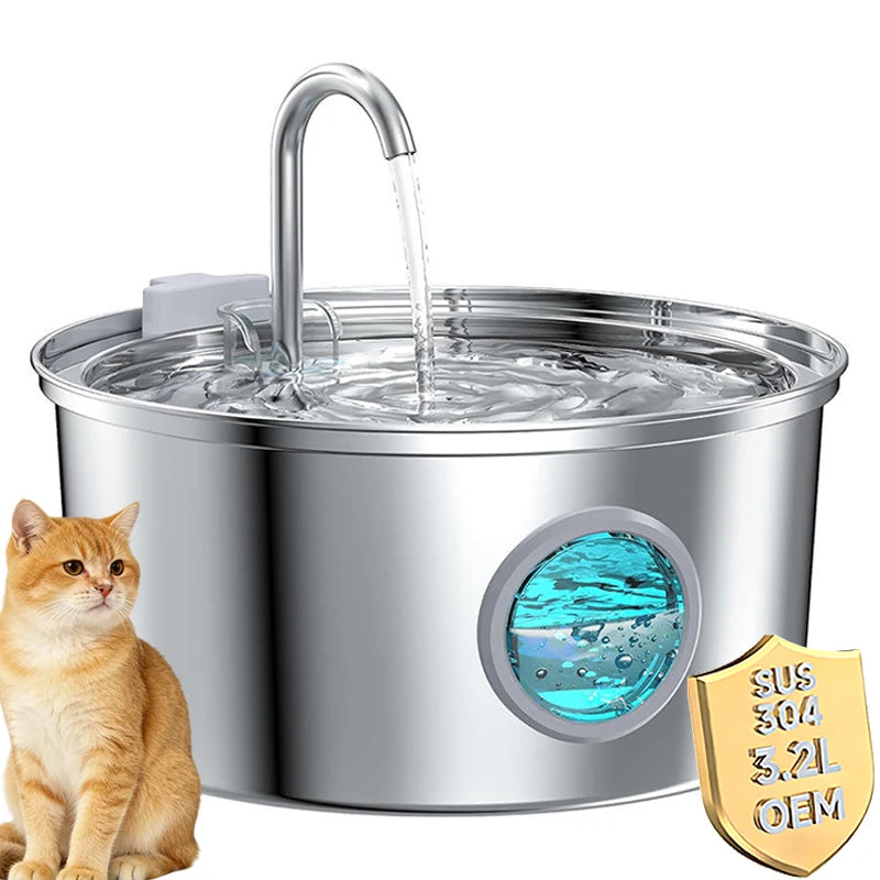 Best Seller OEM 3.2L Stainless Steel Cat Water Fountain Automatic Pet Water Dispenser with Charging Power Source