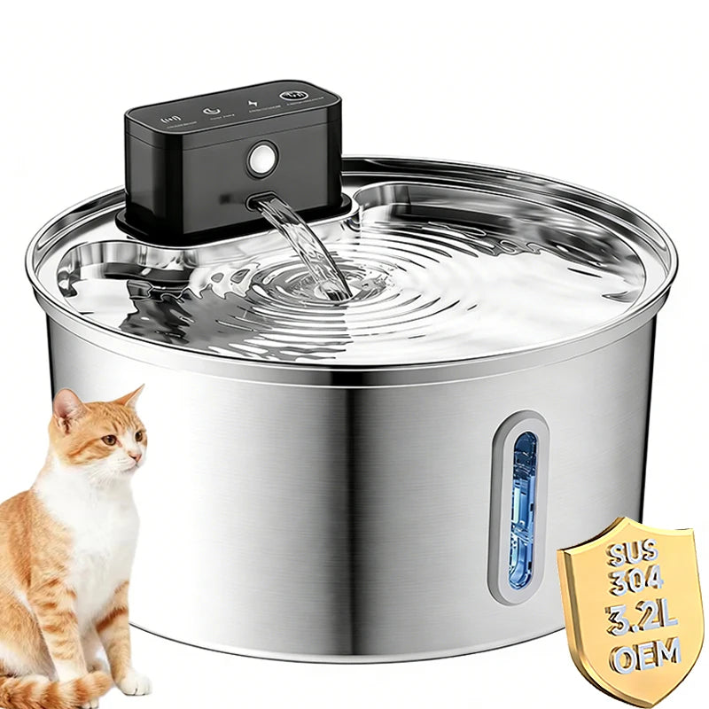 ODM OEM Wireless Stainless Steel Cat Water Fountain Portable 3.2L Automatic Water Dispenser with 4000mAh Battery and Sensor