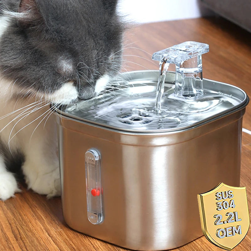 2.2L Stainless Steel Automatic Cat Water Fountain USB Charge Circulation LCD Display Eco-Friendly Pet Water Dispenser