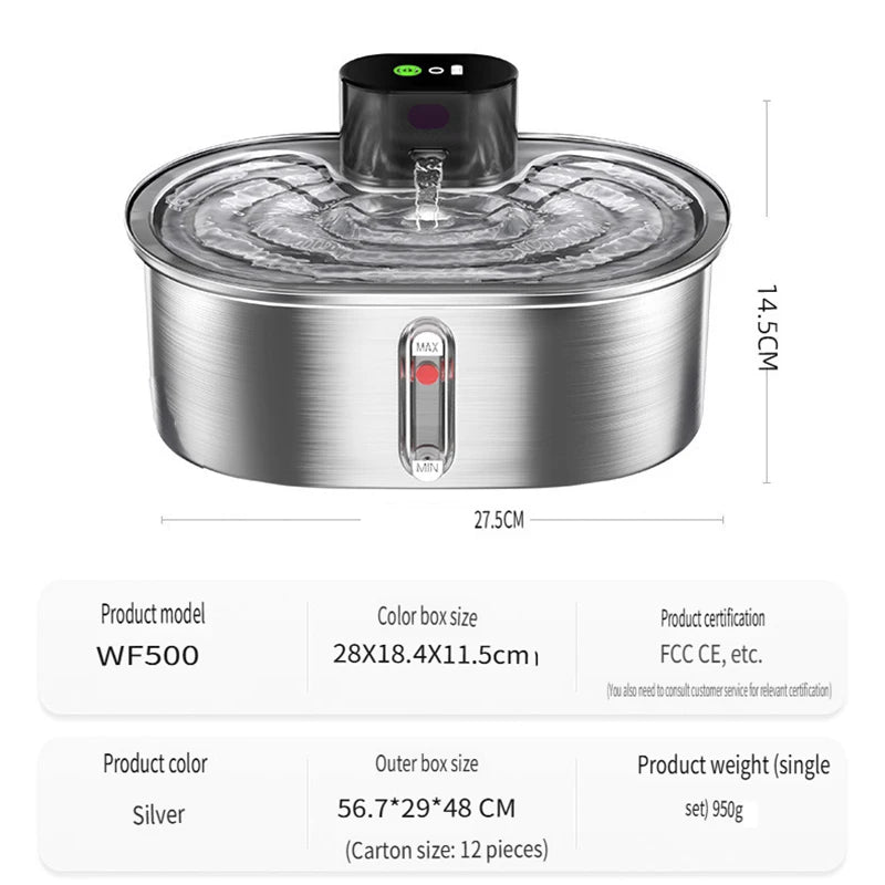 OEM 3L Automatic Cat Water Fountain Stainless Steel with Sensor Battery Cordless Pet Water Dispenser for Multiple Cats