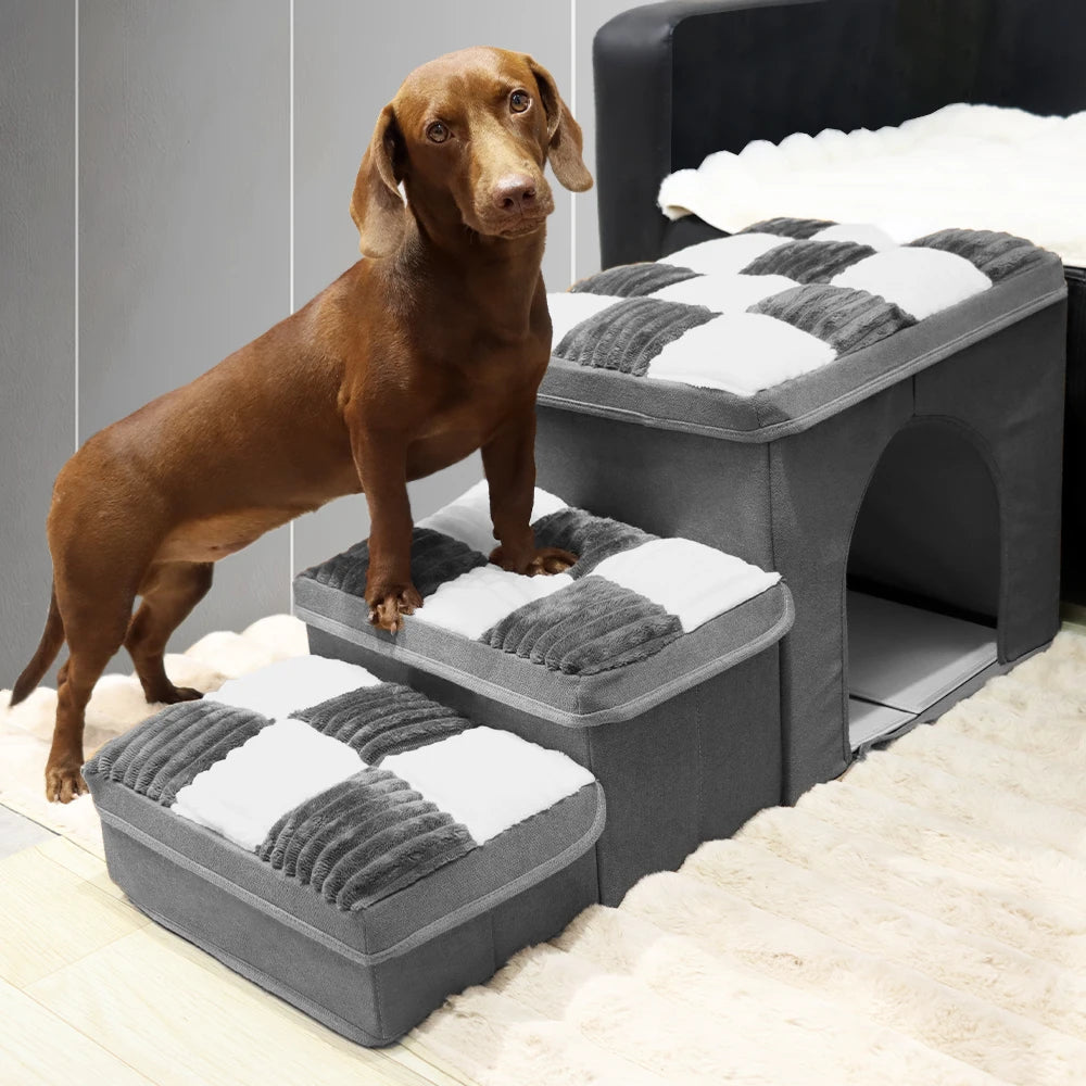 Luxury Chessboard Handcrafted 3 Steps Dog Stairs With Storage Napsteps Foldable Dog Bed Space Convenient Safe Pet Stairs for Dog