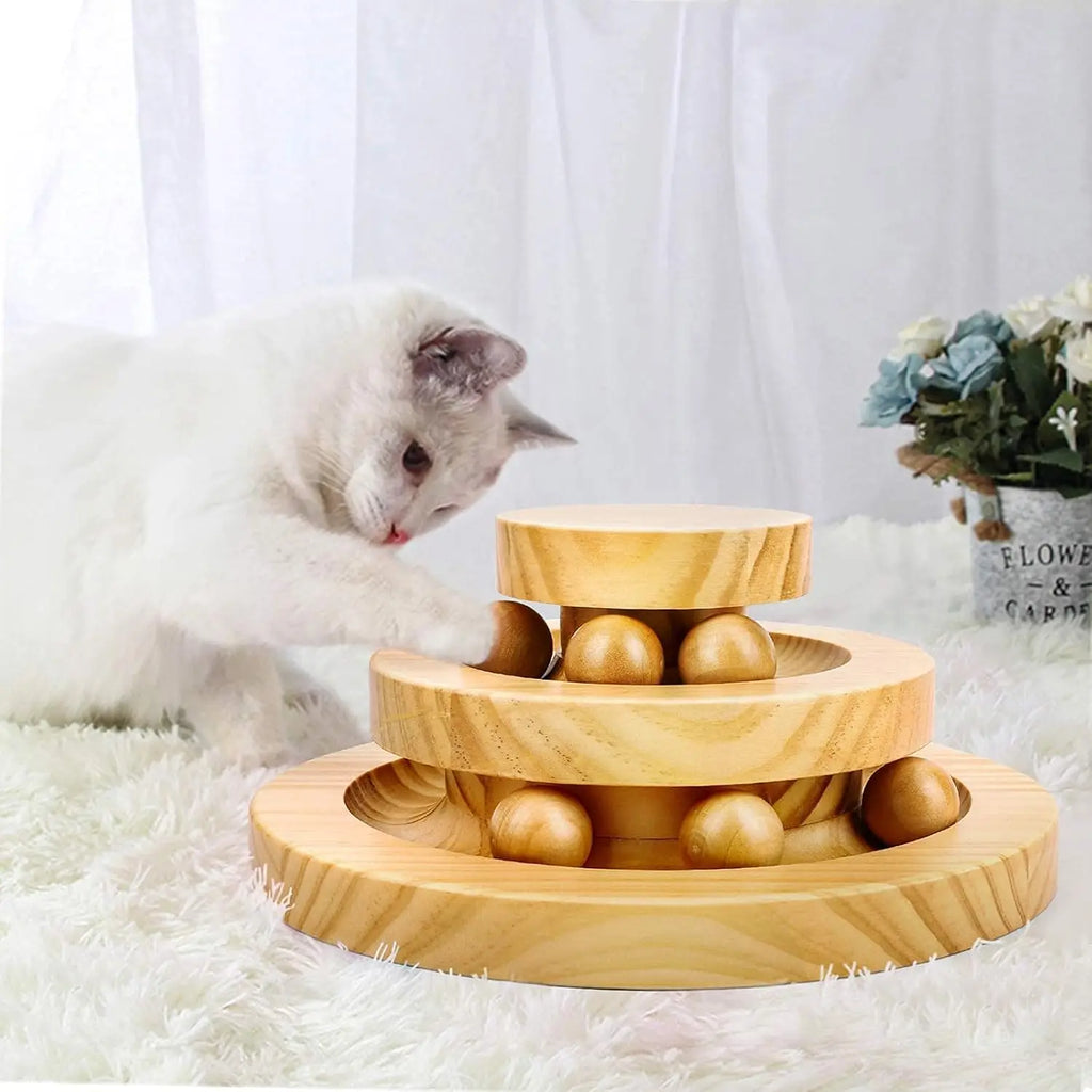 Modern Fashion Interactive Cat Toy Double Layer Wooden Track Balls Turntable Funny Roller for Kitty Cat Supplies