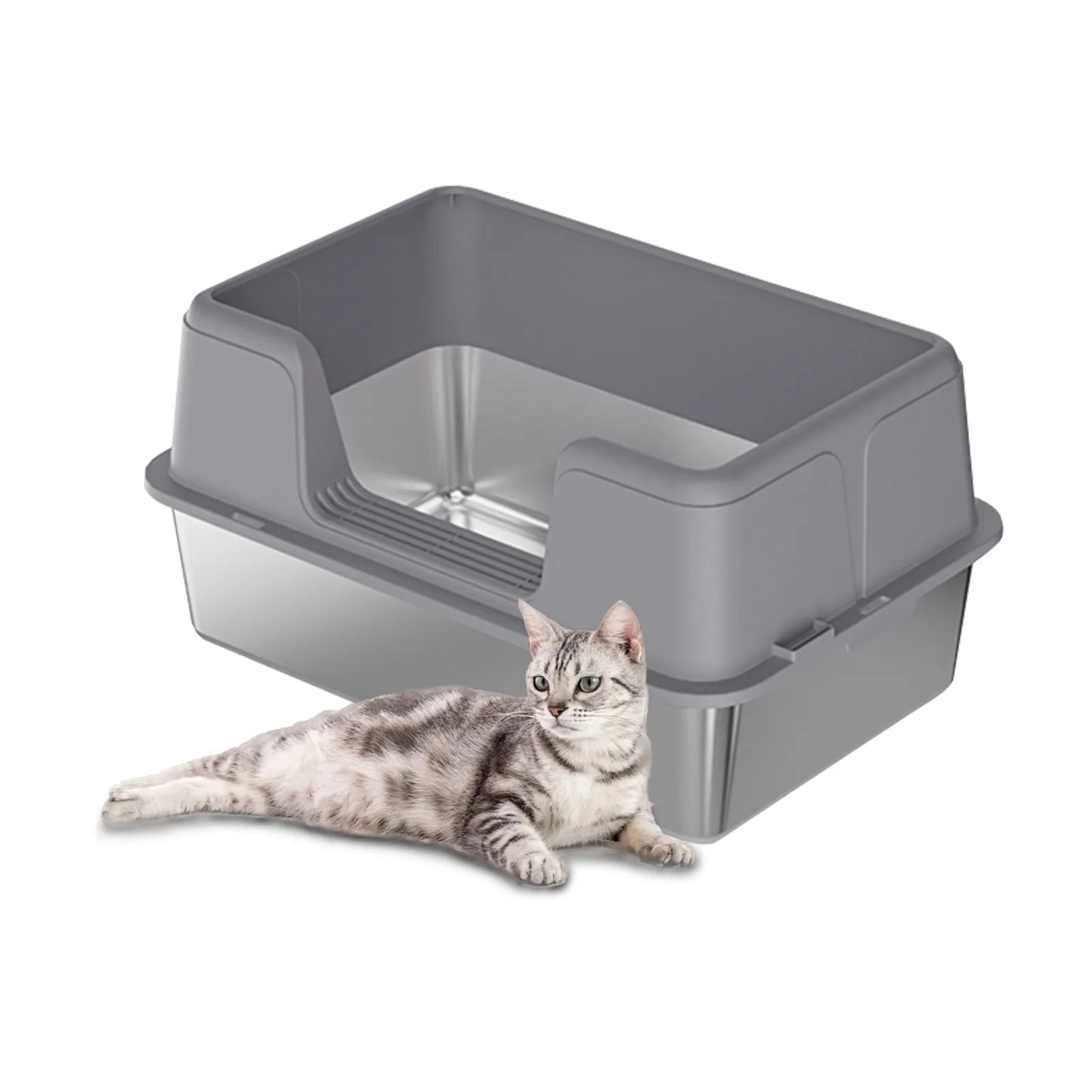 Custom Semi-Enclosed Stainless Steel Cat Litter Box Large Cat Toilet for Large Cats Easy Clean Metal Litter Pan Anti-Leakage
