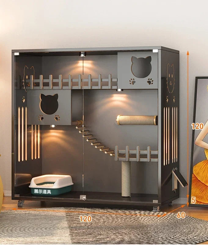 Retro Solid Wood Cat Cage for Living Room Cat House Two-layer One-piece Movable Light Luxury Creative Household Cage for Cats