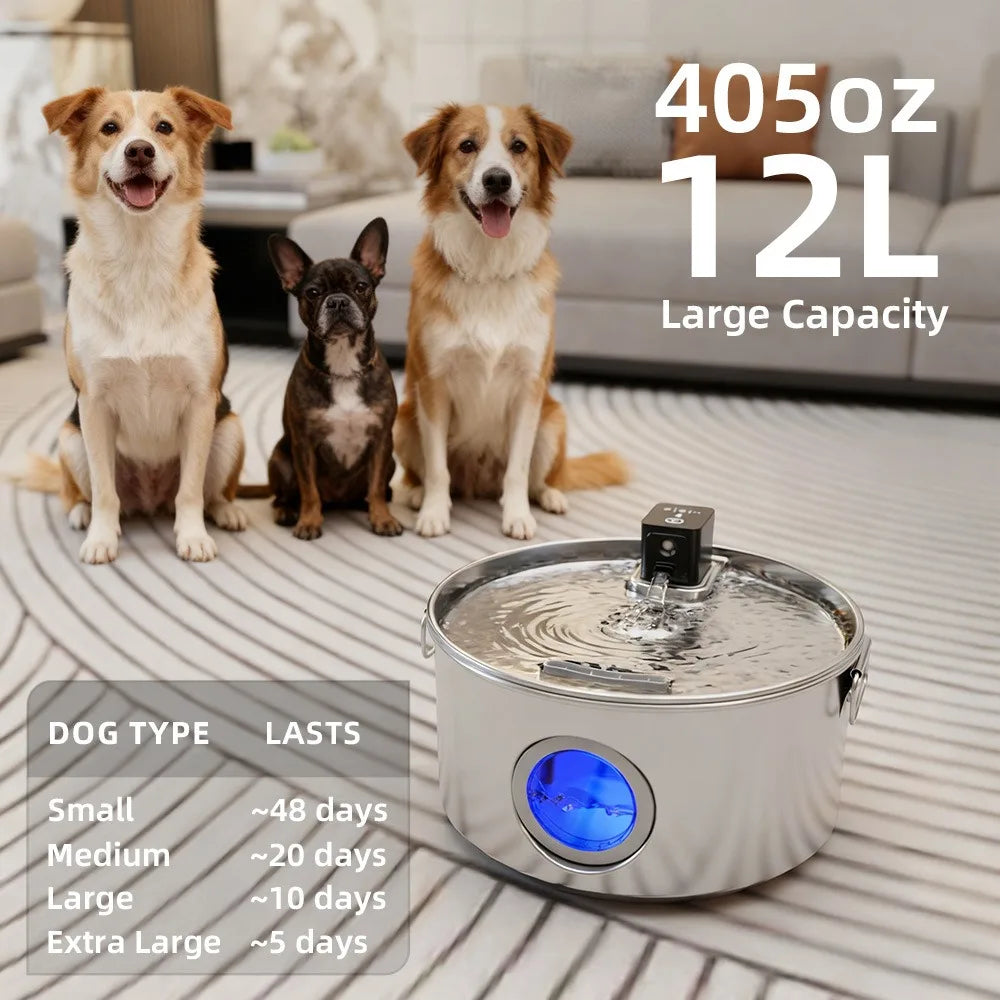 12L Large Dog Water Fountain Stainless Steel 4000mah Wireless Quiet Pet Cat Water Fountain with Motion Sensor for Multi Dogs Cat