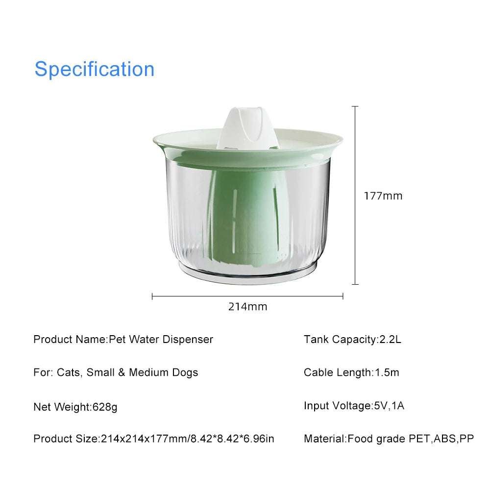 Ultra Quiet 2.2L Petree Cat Fountain Automatic Dog Cat Water Dispenser with No Cotton Filter PP Material Drinking Water Fountain