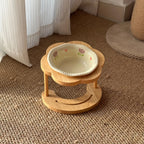Ceramic Cat Bowl with Wooden Floral Stand Elevated Anti-Slip Pet Feeding Dish Thickened Cute Pet Bowl Set for Cat & Dog