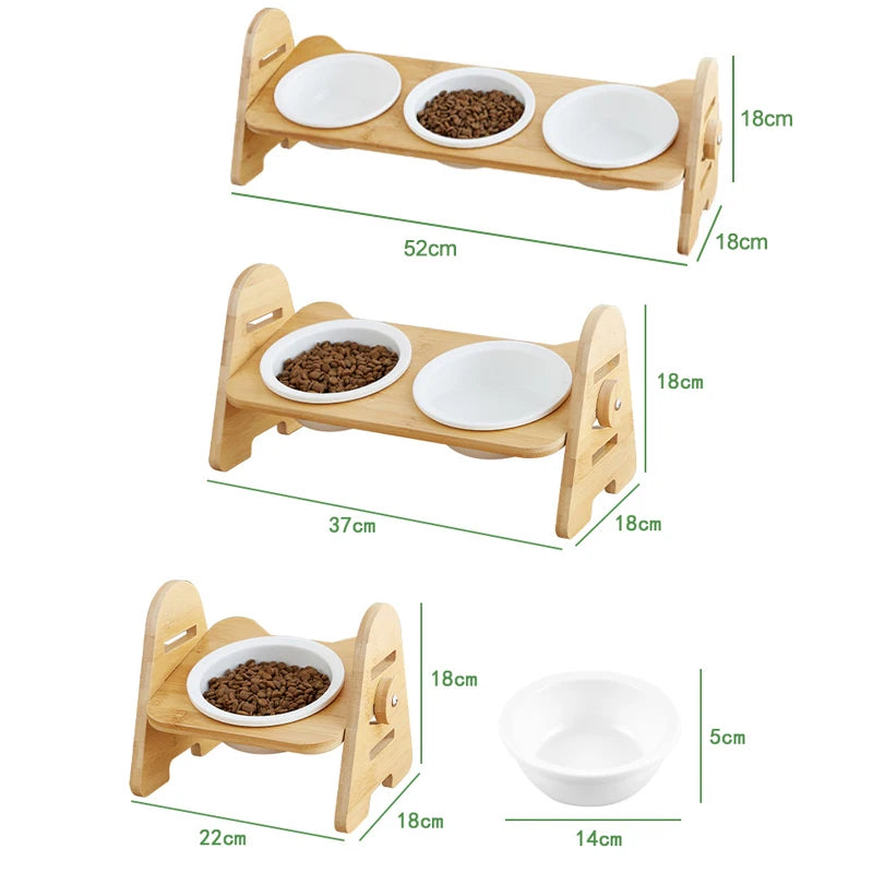 Raised Pet Ceramic Dog Bowl Adjustable Elevated Stand Bowls Neck Care Feeder for Dog Cat Food and Water Wood Ceramic Cat Bowls