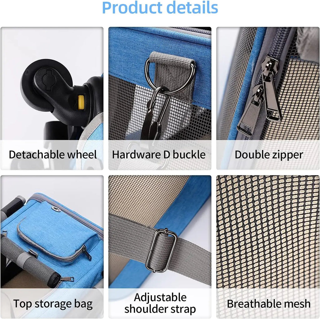 Portable Foldable Pet Carrier with Detachable Wheels Breathable Travel Rolling Dog Carrier for Small Medium Dogs Cats 33 Pounds