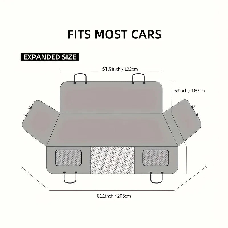 Custom Durable Fabric Dog Car Seat Cover with Extended Support Board Quilted Gray Design Straps & Metal Rings for Secure