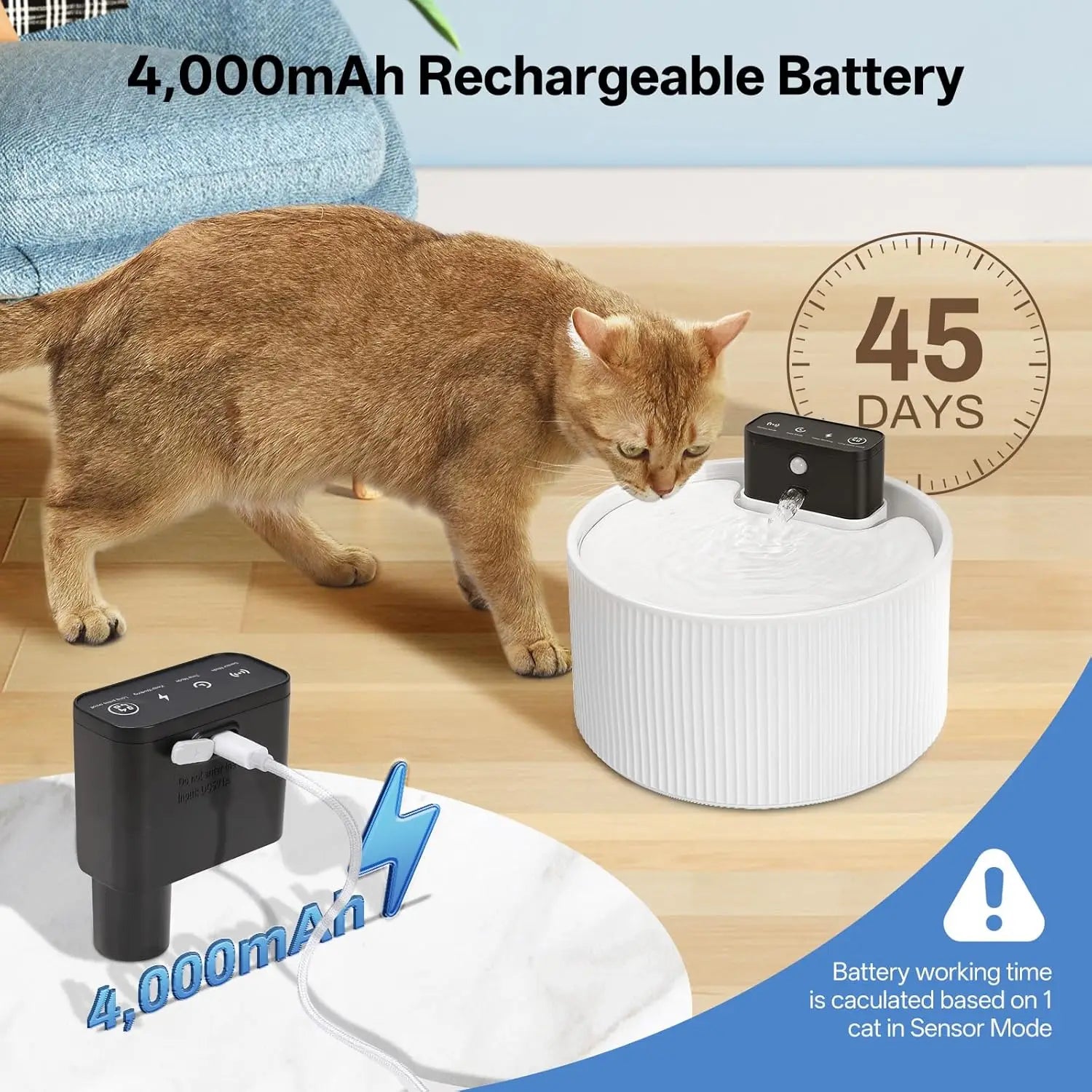 2.2L Ceramic Cat Water Fountain Wireless Sensor Rechargeable Battery Operated 4000mAh Quiet Drinking Fountain for Cats and Dogs