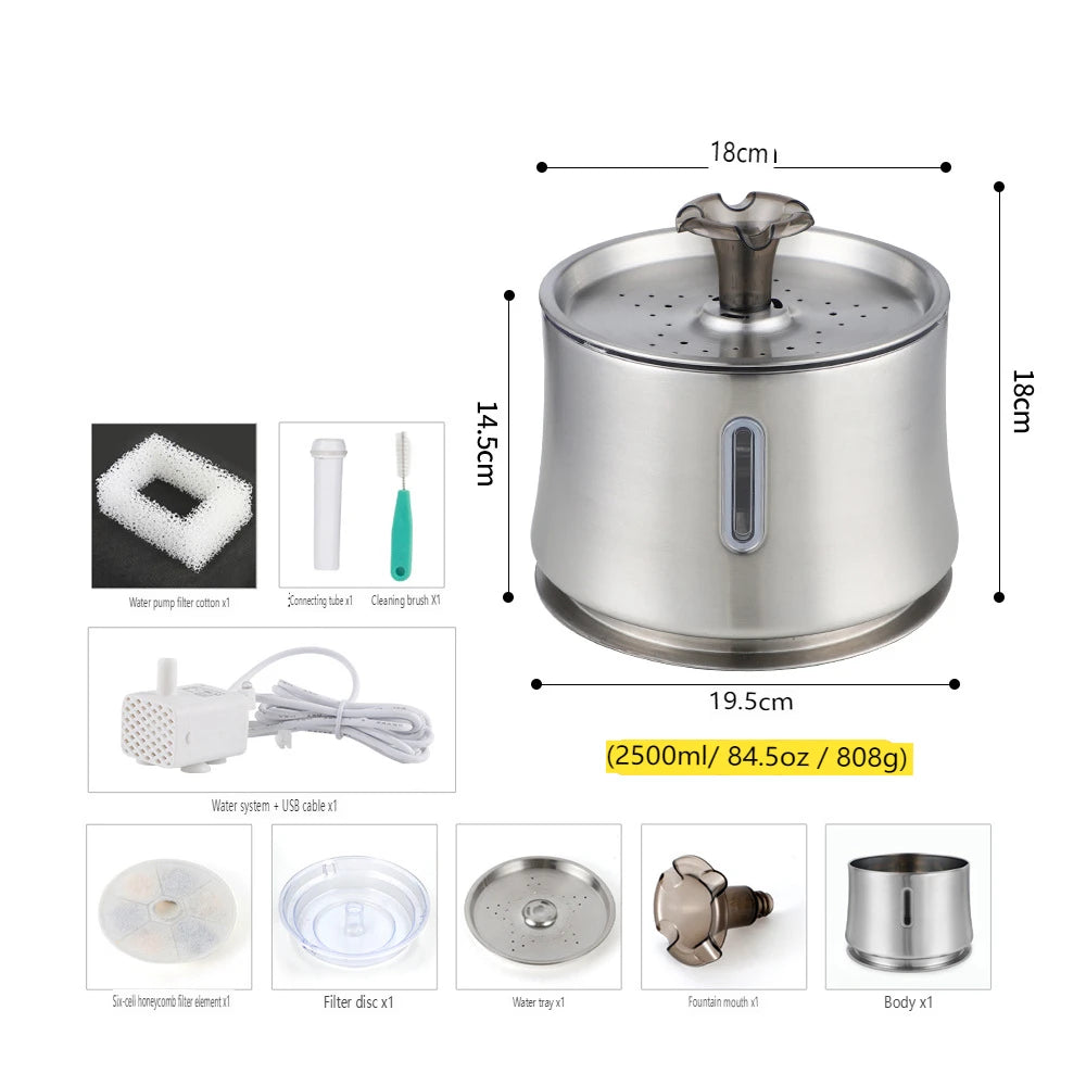 Automatic 2.5L Stainless Steel Pet Water Fountain Portable Rounded Cat Drinking Fountain with Water Level Window