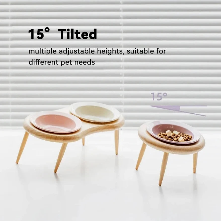 Ceramic Cat Bowl with Wood Stand High Shelf Tableware Set Puppy Double Food Bowls Small Dog Water Bowl Cat Feeder Pet Supplies