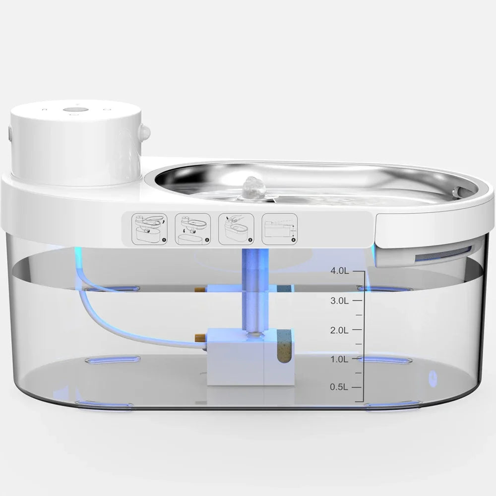 4L 5000mAh Automatic Pet Water Dispenser Wireless Stainless Steel Bowl Cat Drinking Fountain Charging Sensor Oval Shape Battery