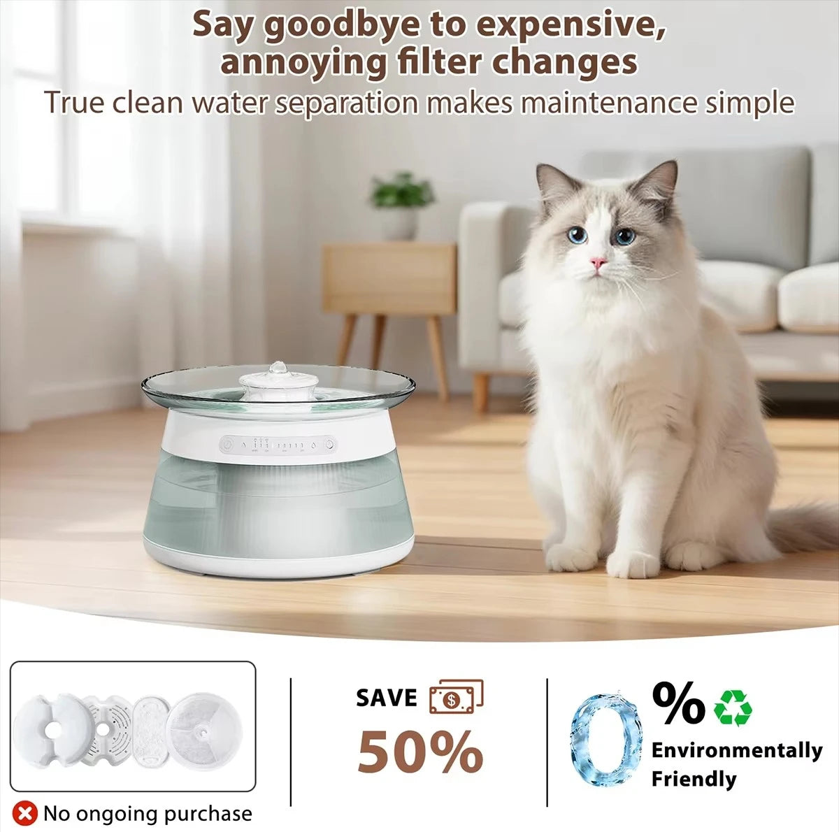3.5L Smart Glass Cat Water Fountain with Sensor No Filter Required Wastewater Separation Wireless 4000mAh Battery OEM ODM