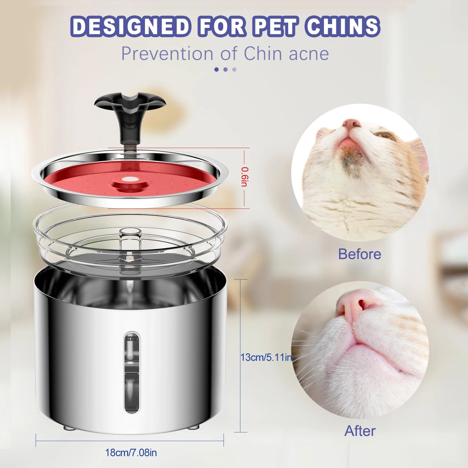 Auto Power-off Stainless Steel Automatic Cat Water Fountain 84oz/2.5L with LED Light Non-slip Mat Pet Water Dispenser