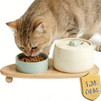 1300ml Ceramic Cat Water Fountain USB Charging Pet Drinker with Filter Automatic Cat Dog Water Dispenser with Wooden Stand Bowls