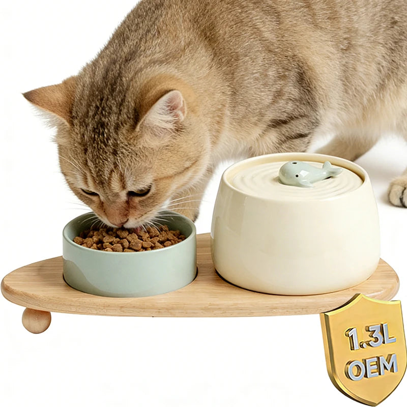 1300ml Ceramic Cat Water Fountain USB Charging Pet Drinker with Filter Automatic Cat Dog Water Dispenser with Wooden Stand Bowls