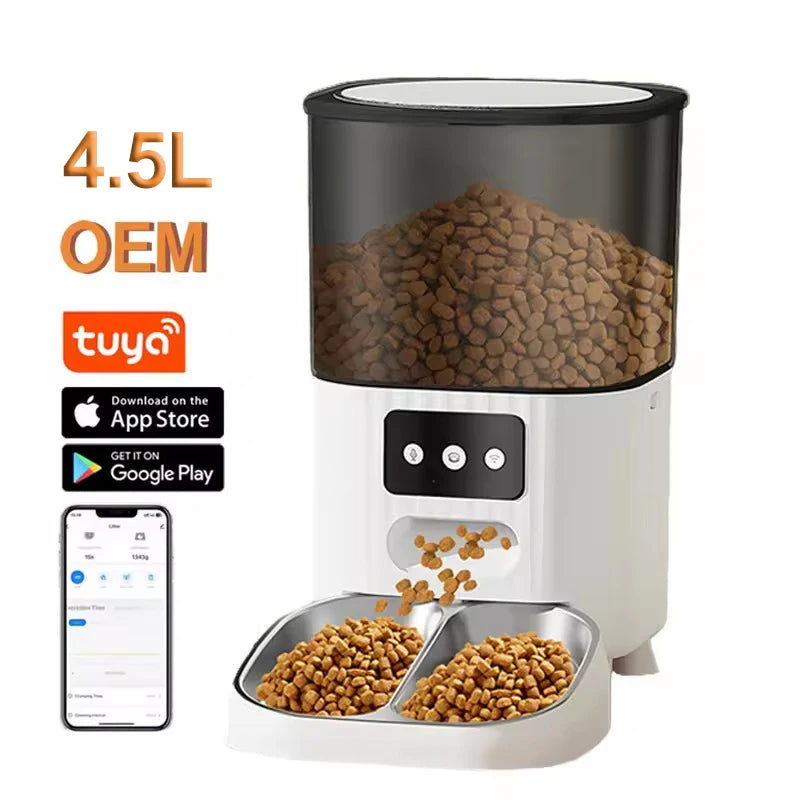 OEM 4.5L Large Capacity Automatic Cat Feeder Eco-Friendly Durable Bowls Plastic APP Voice Rechargeable Smart Pet Feeder