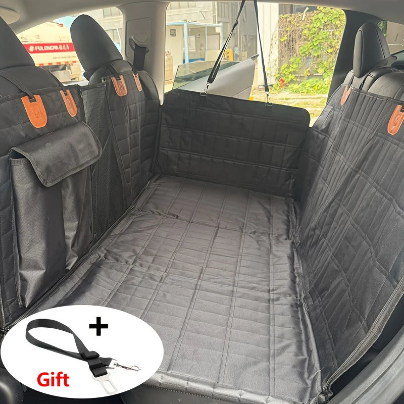 Custom Durable Fabric Dog Car Seat Cover with Extended Support Board Quilted Gray Design Straps & Metal Rings for Secure