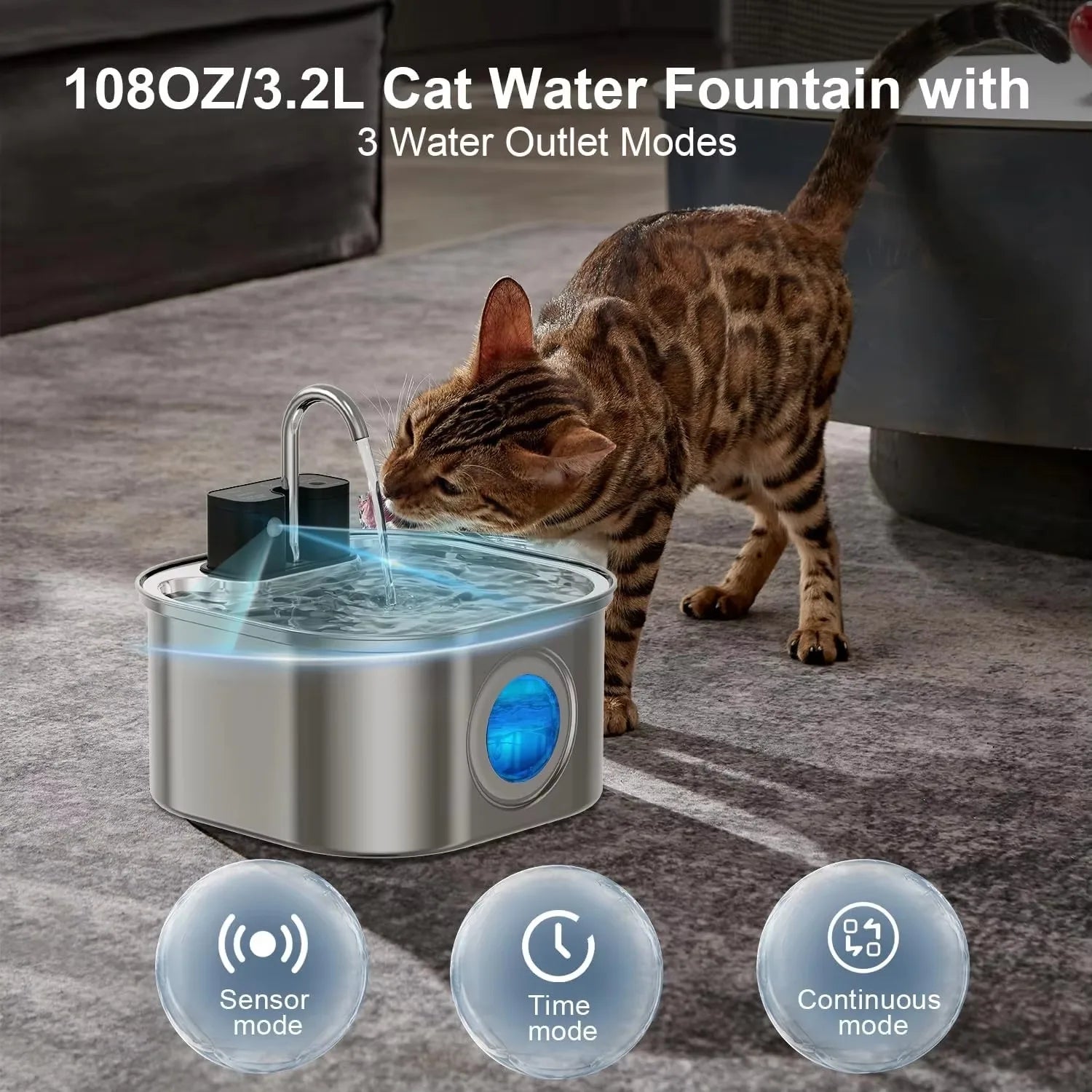 3.2L Motion Sensor Automatic Cat Fountain USB Rechargeable Battery Dual Power Indoor Wireless Pet Fountain Stainless Steel