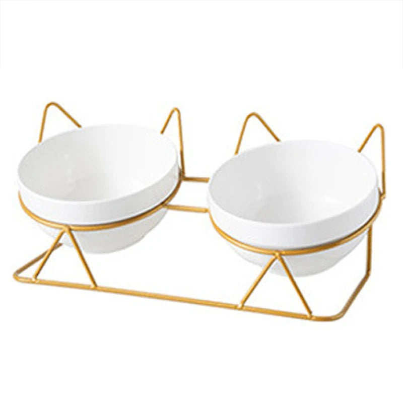Auto-Elevated 15 Degree Tilted Double Cat Bowls Indoor Raised Ceramic Pet Feeding Bowls for Water & Food