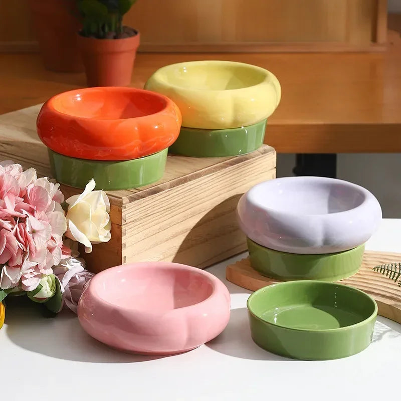 Cute Dual-Grain Ceramic Cat Bowl Anti-Overturning Can Head Plate Double-Layer Food & Water Bowl for Pets & Dogs