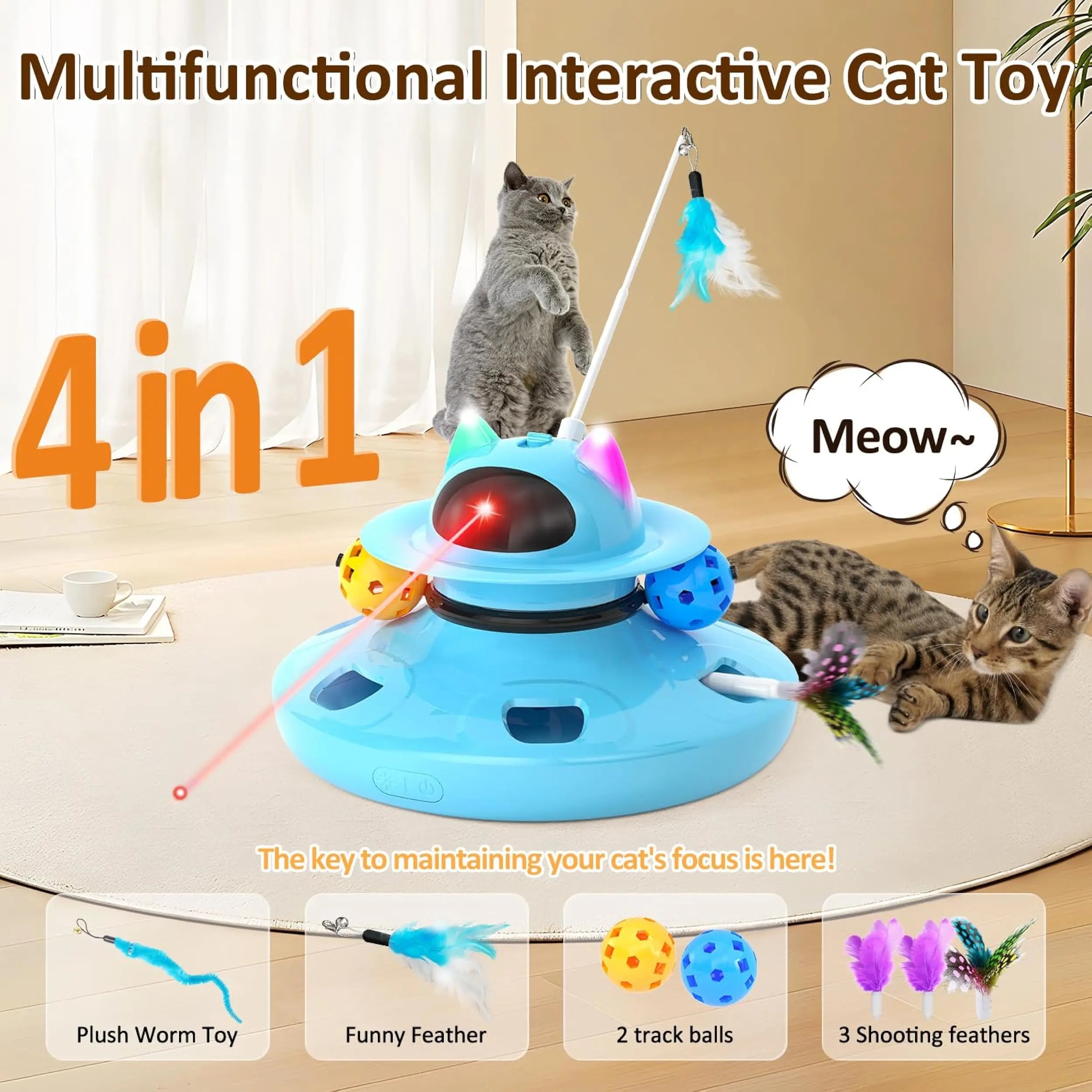 4 in 1 Automatic Interactive Plastic Cat Toy Rechargeable Indoor Kitten Toys with Feather and Track Balls