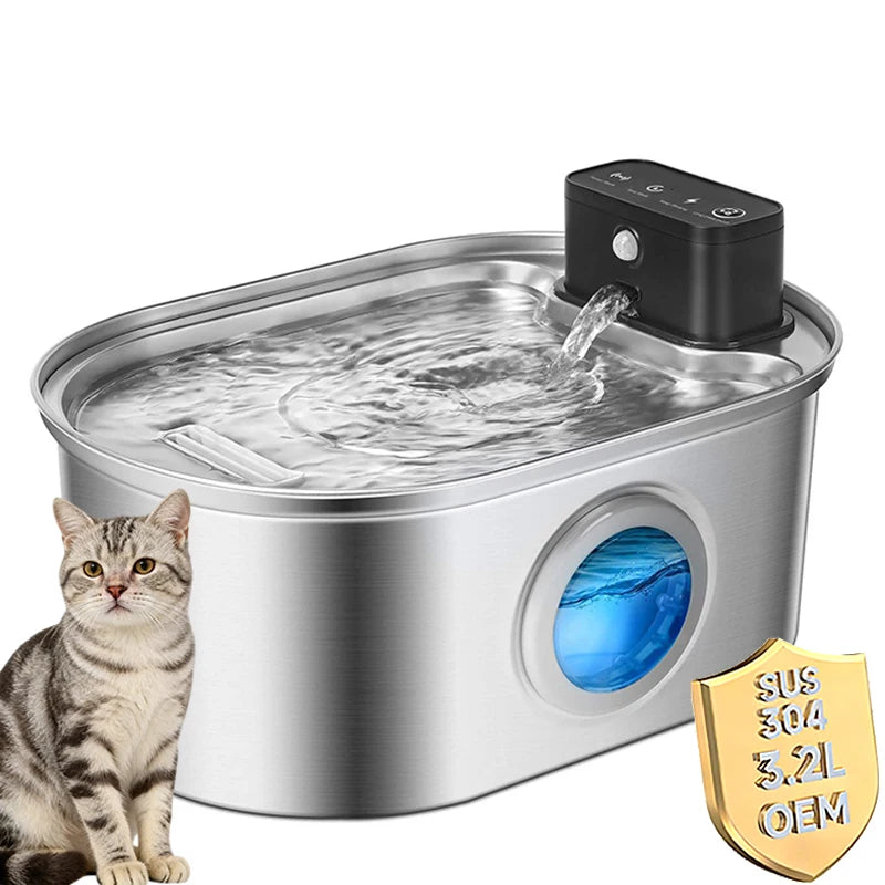 OEM 3.2L Cordless Cat Water Fountain Automatic Stainless Steel Pet Water Fountain Motion Sensor 4000mAh Pet Bowls Feeders
