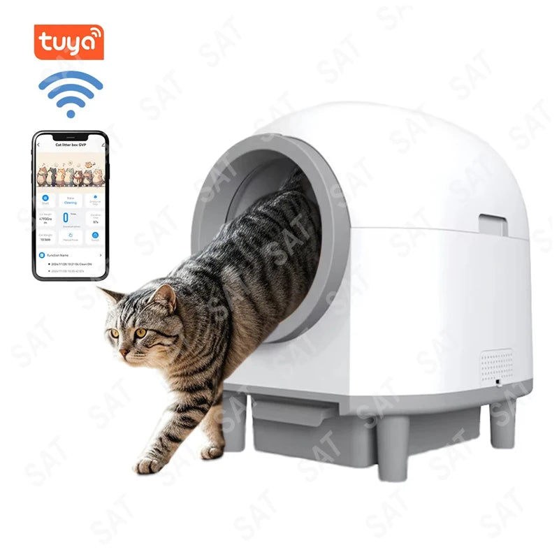 Self Cleaning Plastic Smart Litter Box for Multiple Cats 80L Automatic APP Control Odor Removal Safety