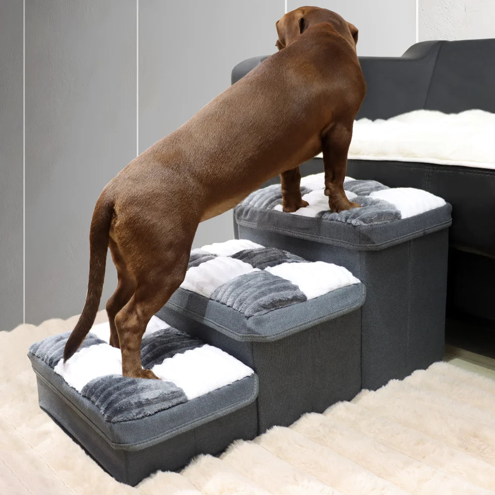 Luxury Chessboard Handcrafted 3 Steps Dog Stairs With Storage Napsteps Foldable Dog Bed Space Convenient Safe Pet Stairs for Dog