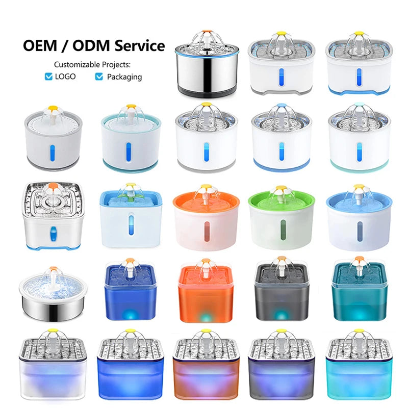 OEM 2L Plastic Pet Cat Water Fountain Bowl with LED Light and Activated Carbon Filter Automatic Pet Water Dispenser Cats Usage