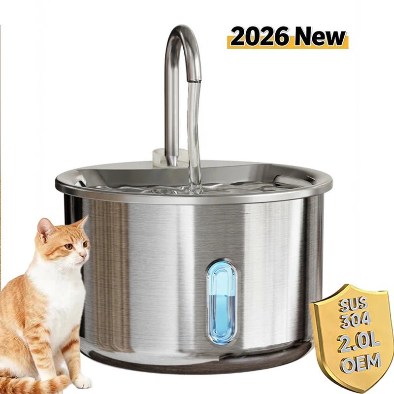 2026 New OEM 2L Automatic Cat Water Fountain Stainless Steel Portable Design 3 Stage Filtration with Pump for Cats Fountain