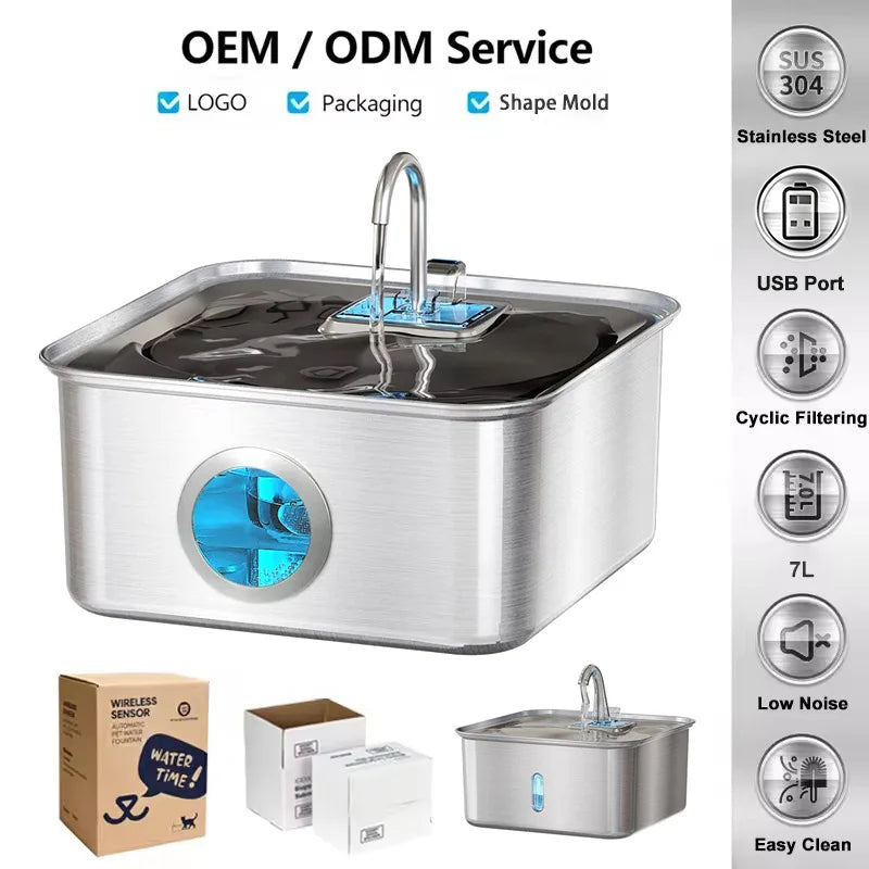 7L Bulk Custom Stainless Steel Smart Cat Water Fountain Pet Dog Drinker Automatic Dog Water Dispenser Custom Logo OEM ODM
