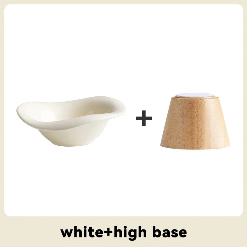 Raised Tilted Cat Food Water Bowl Pet Dog Elevated Drinking Eating Bowls with Wooden Stand Puppy Kitten Feeding Ceramic Cat Bowl