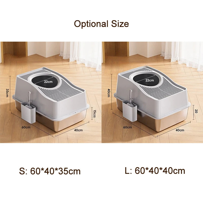 Custom Semi-Enclosed Stainless Steel Cat Litter Box With Ventilated Lid High Walls Anti Splash Top Entry Cat Toilet with Handle