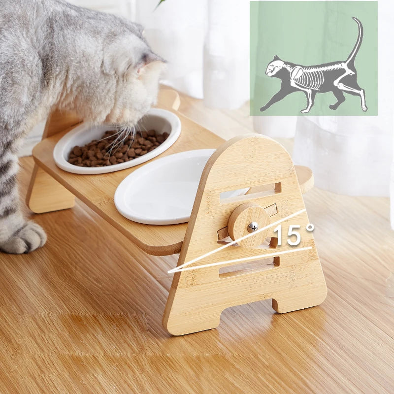 Raised Pet Ceramic Dog Bowl Adjustable Elevated Stand Bowls Neck Care Feeder for Dog Cat Food and Water Wood Ceramic Cat Bowls