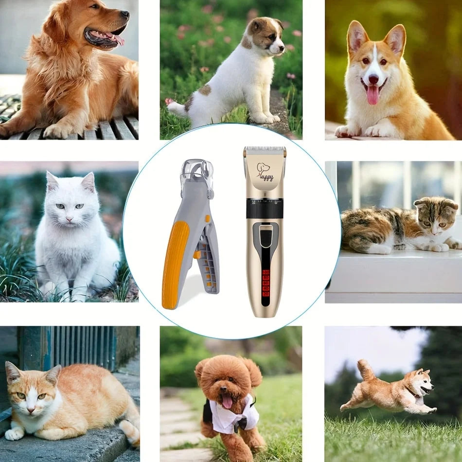 2 in 1 Electric Trimmer & LED Nail Clipper Non-Slip Grip Pet Smart Dog Cat Grooming Kit with LED Light Scissors Included