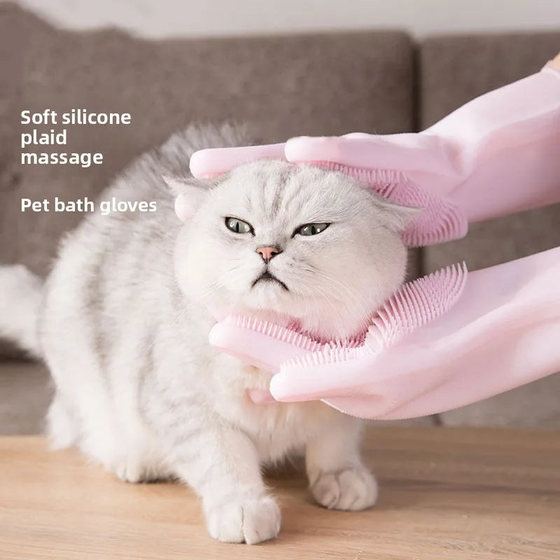 Magic Silicone Pet Bathing Gloves for Dog & Cat Bathe & Shampoo Stocked Brush Gloves 2-Pack for Bathroom Use