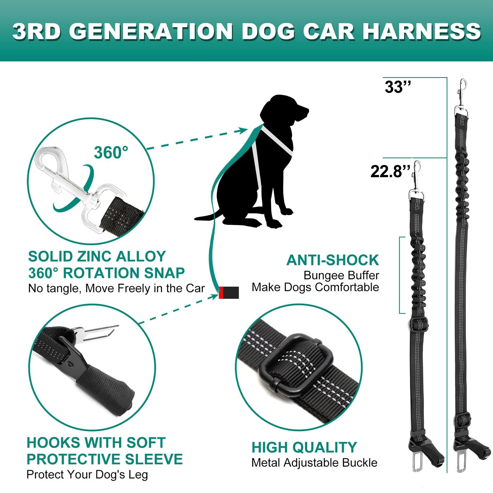 Dog Car Seat Belt Seatbelt Harness Adjustable Metal Buckle Elastic Reflective Vehicle Car Tether for Small Medium Large Dogs