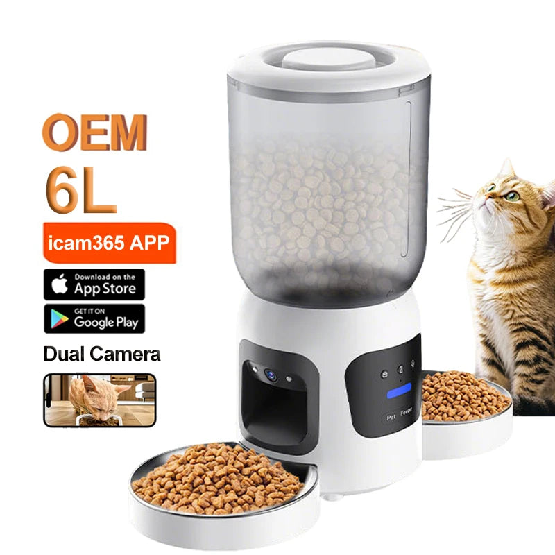 OEM 6L Automatic Feeder with Camera Dual Bowls Smart Pet Feeder Dual Camera Monitoring APP Remote Calling Timing Voice Recording