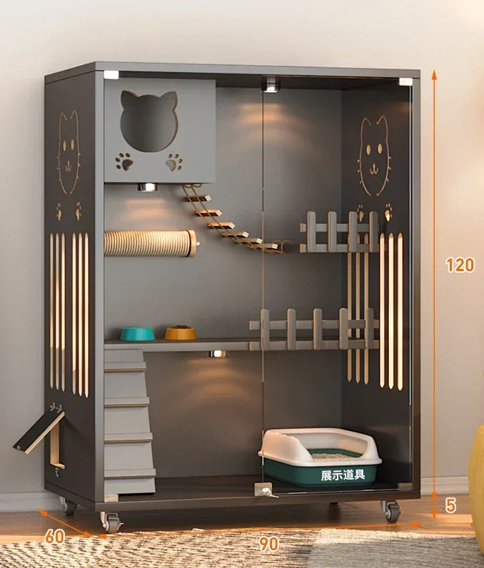 Retro Solid Wood Cat Cage for Living Room Cat House Two-layer One-piece Movable Light Luxury Creative Household Cage for Cats