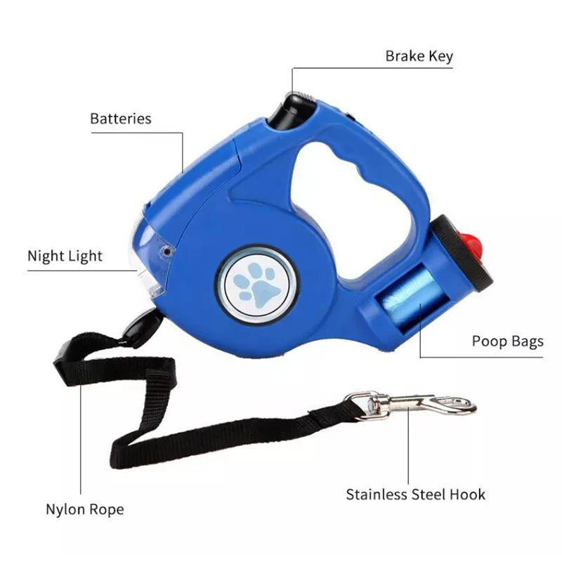 4.5M LED Pet Dog Leash Flashlight Extendable Retractable Pet Leashes Lead with Poop Bag for 45kg Large Dog Supplies
