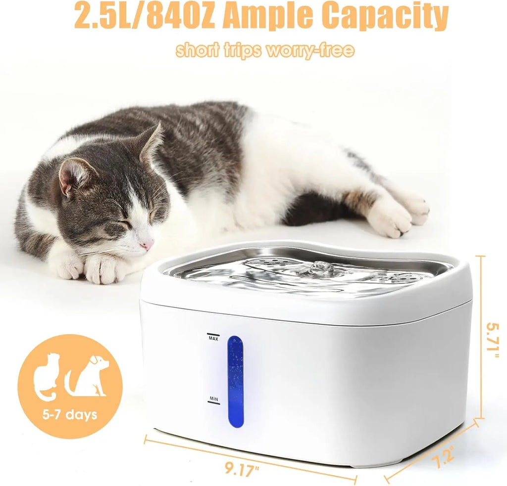 Factory Wireless Cat Water Fountain 2.5L/84oz Weighting Water Level Window LED Light Automatic Pet Water Dispenser OEM ODM