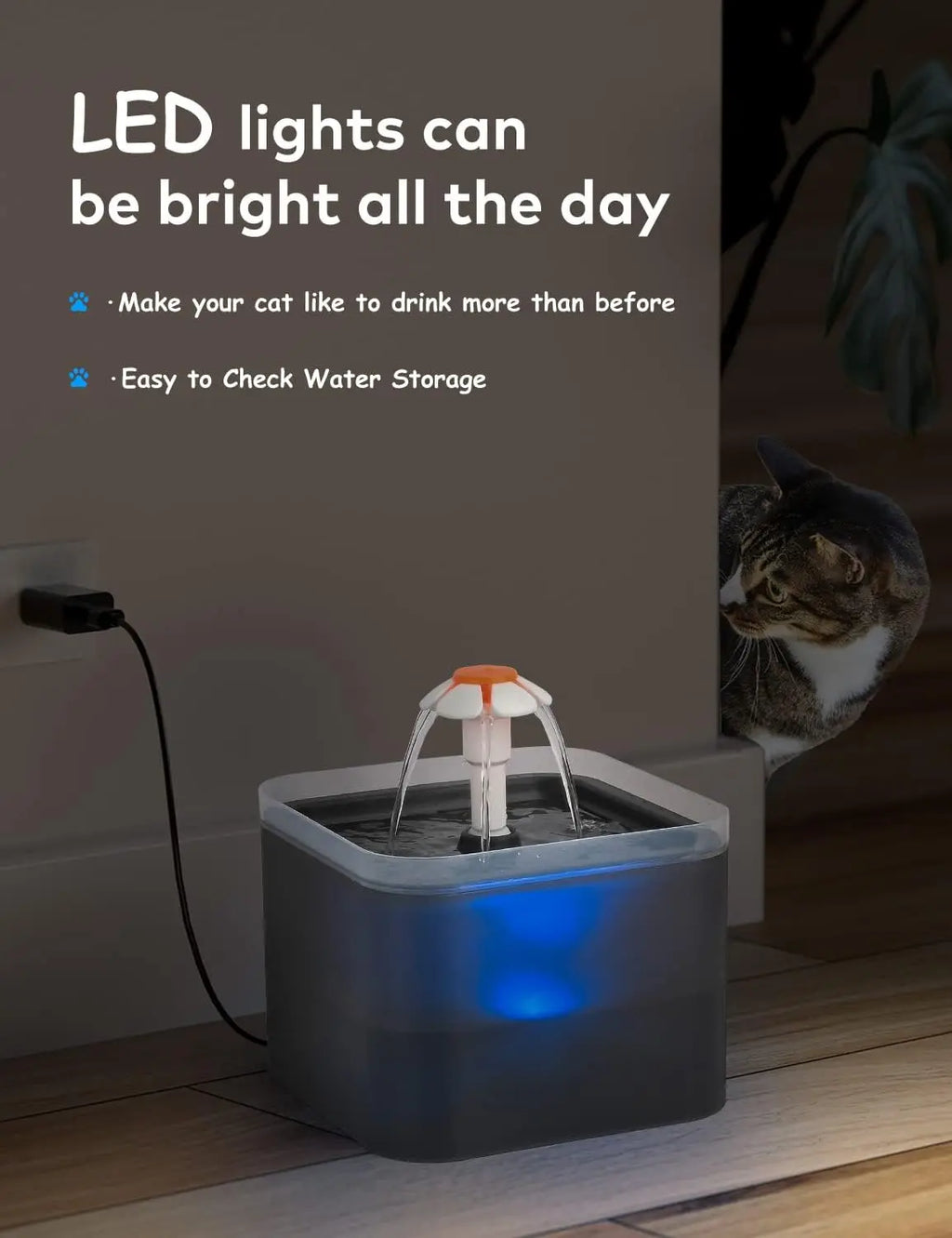 OEM 2L Plastic Pet Cat Water Fountain Bowl with LED Light and Activated Carbon Filter Automatic Pet Water Dispenser Cats Usage