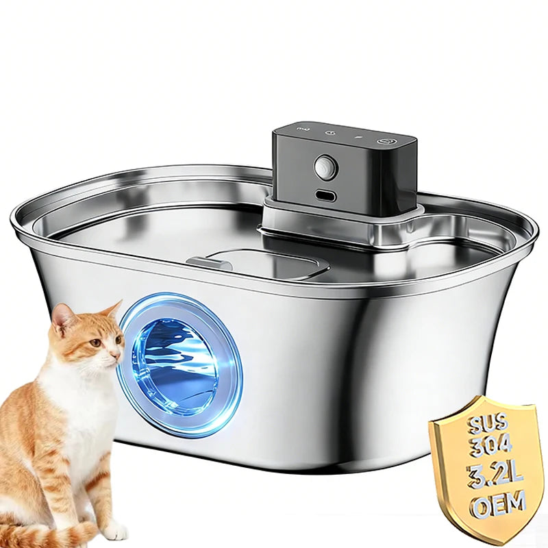 OEM ODM 3.2L Wireless Automatic Durable Cat Water Fountain Stainless Steel 4000mAh Chargeable Battery LCD Water Multi-Filtration