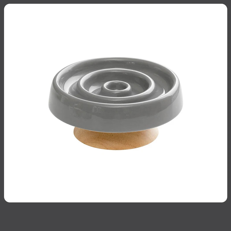 Ceramic Cat Bowl Slow Feeder Bowl for Pets Anti-Chok Cat Food and Water Dish with Neck Protection Wood Stand-for Dogs