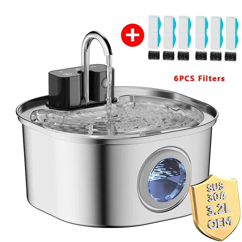 4000MAh Wireless Cat Water Fountain Rechargeable Faucet Stainless Steel Battery Sensor Cat Fountain 3.2L/108oz with 6pcs Filters