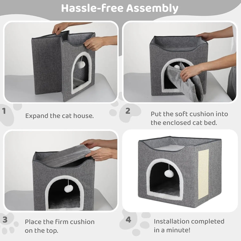 Foldable Cat House Indoor Large Cat Cave with Scratching Board & Fluffy Ball Pet Houses & Furniture Pet Bed Cat Products